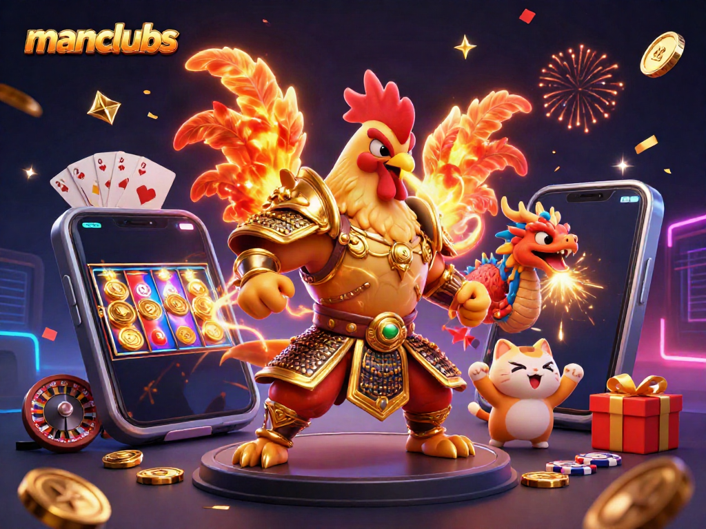 Engage with manclubs at vibrant casino gaming, featuring colorful slot games and dynamic characters.