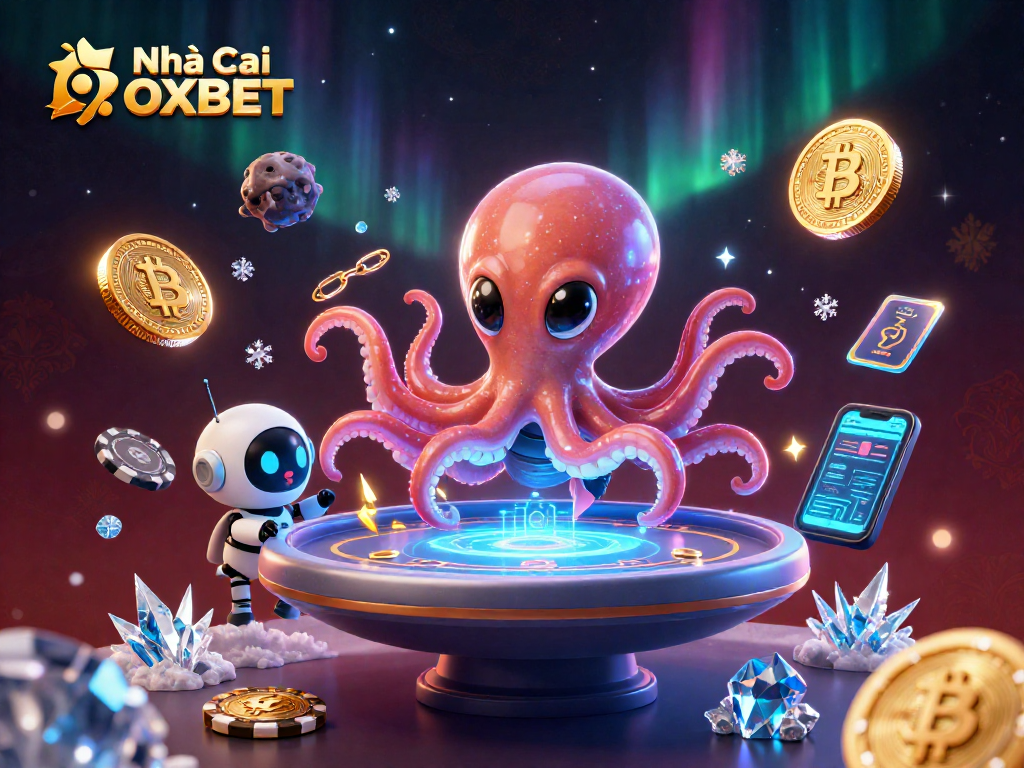 Engage in excitement with Nhà cái OXBET casino adventures featuring alien characters and glowing crypto coins.