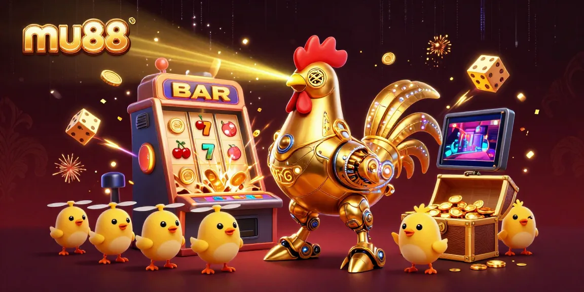 Engage with mu88's vibrant casino scene featuring a golden rooster robot and coin explosion.