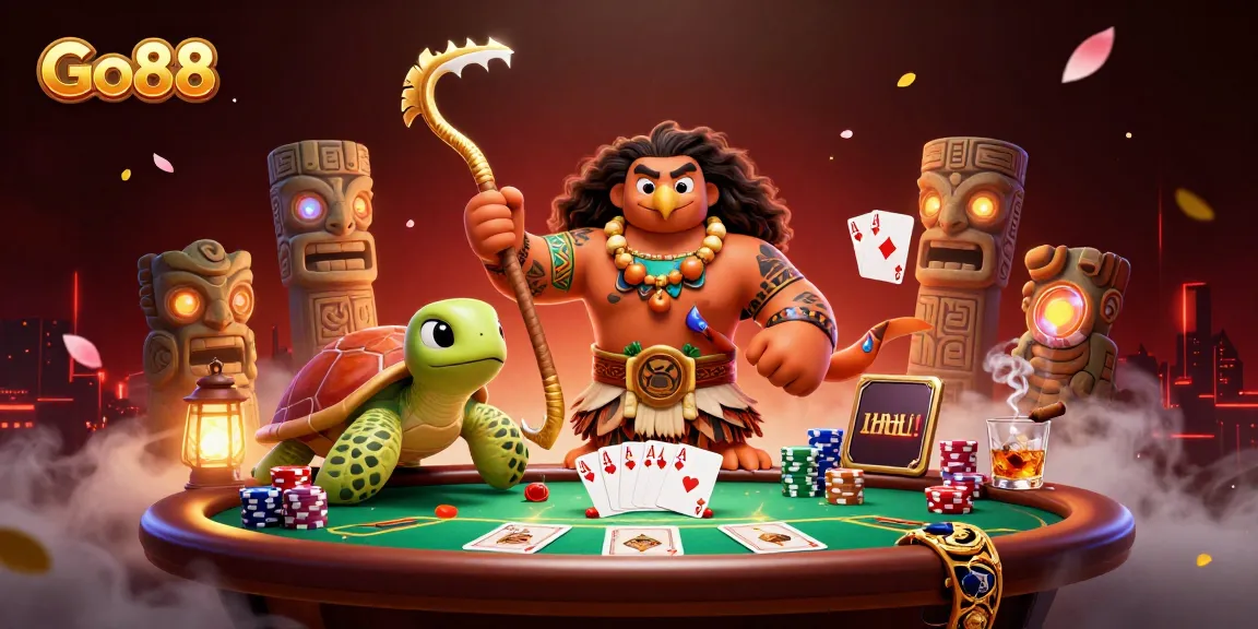 Enter the gaming world with Go88, where a Polynesian demigod and turtle sidekick enhance the poker experience.