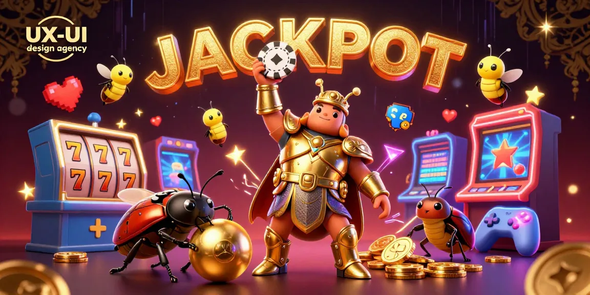 Engaging scene with a victorious 3D cartoon hercules beetle representing a UX/UI design agency in a casino setting.