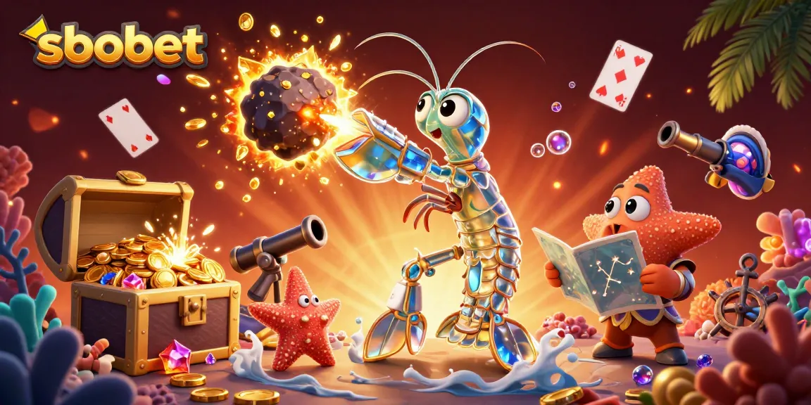 Sweeping sbobet scene with a galactic samurai shrimp amidst explosion of golden gems and coins for online betting
