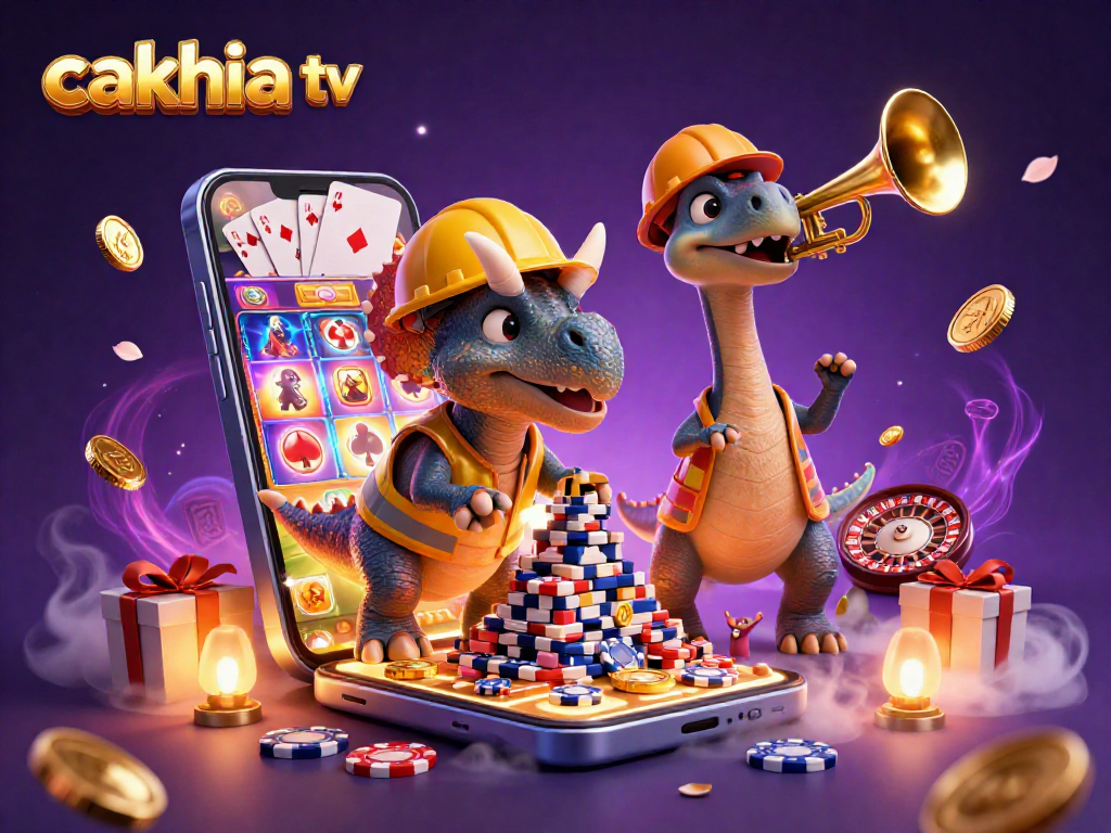 Cakhia TV: Celebrate gaming wins with fun characters, slots, poker chips, and a vibrant casino atmosphere.
