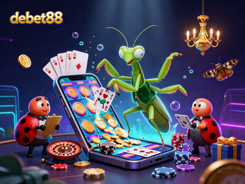 Engage with debet88's vibrant casino scene featuring a card sharp and lively characters.