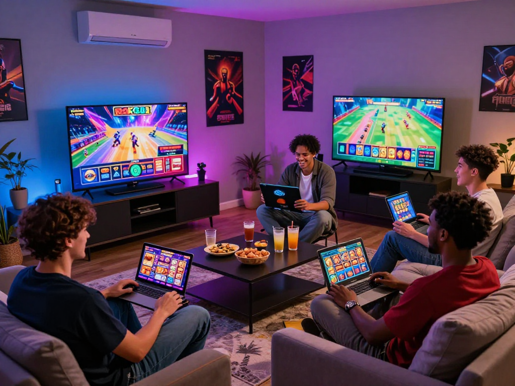 Players enjoying ROKOK88 online slots in a vibrant living room, showcasing the exciting atmosphere of gaming.