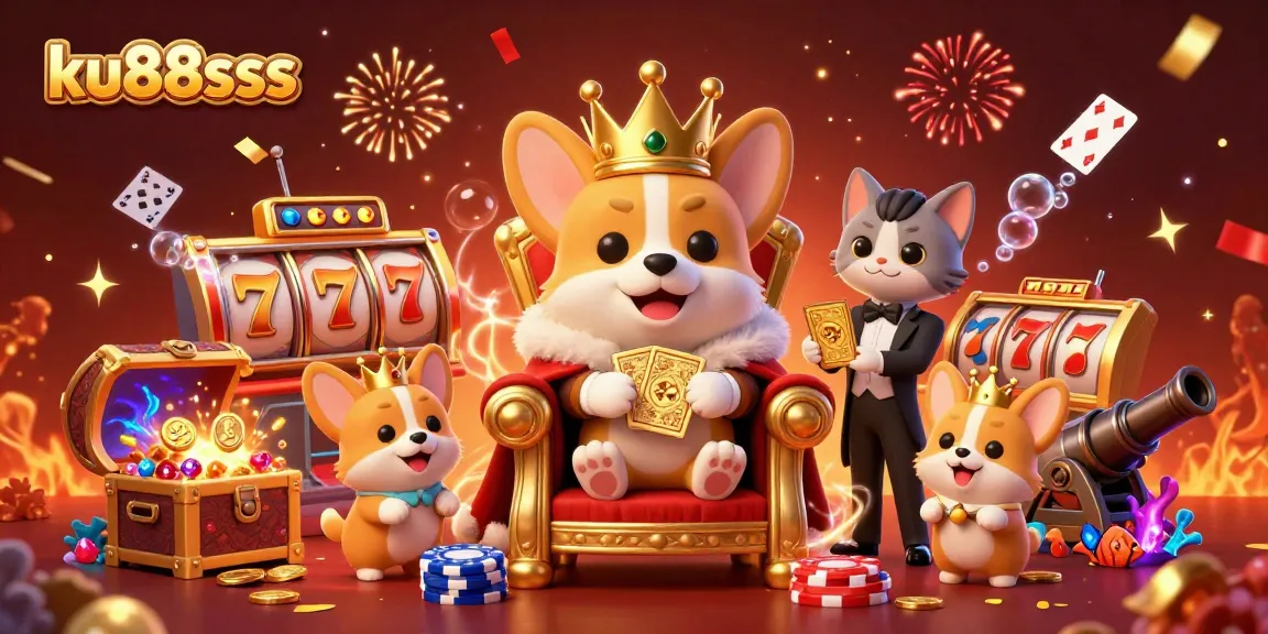 Engage with ku88sss through vibrant slot gaming visuals featuring a royal corgi in an exciting casino atmosphere.