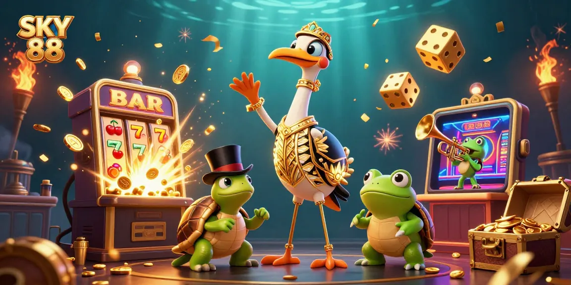 Experience the excitement of SKY 88 with a vibrant casino scene full of animated characters and jackpot thrills.