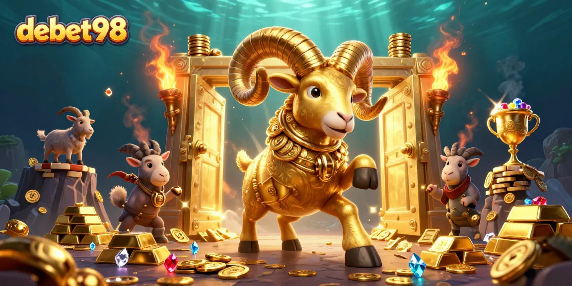 Bet big with debet98 in a vibrant casino illustration featuring a golden ram charging through treasure.