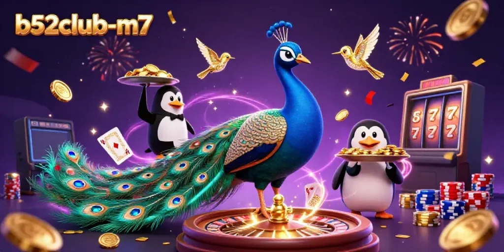 Engage in exciting gaming at b52club-m7, featuring slots, roulette, and poker in vibrant, animated style.