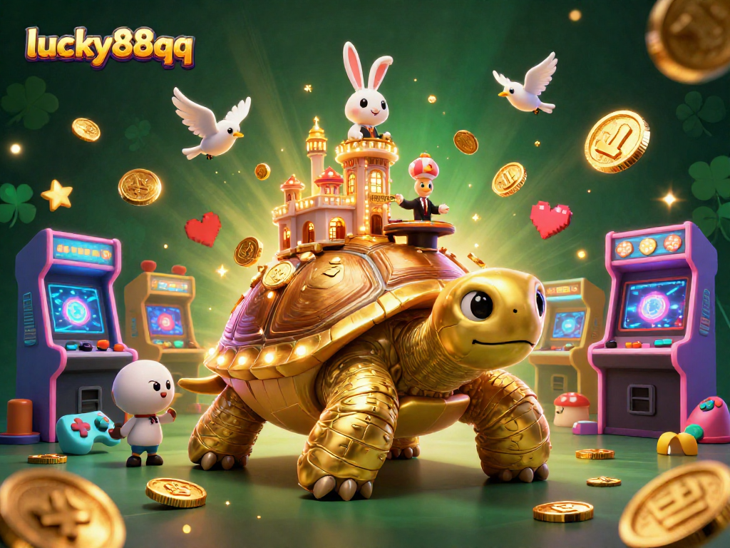 Experience thrilling gaming at lucky88qq with a vibrant 3D casino scene featuring golden tortoise and rabbit dealer.