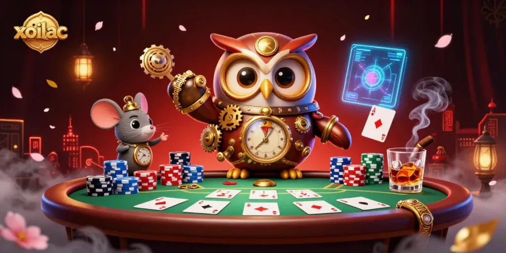 Xoilac enhances gaming excitement with a vibrant 3D casino scene featuring an owl and mouse.