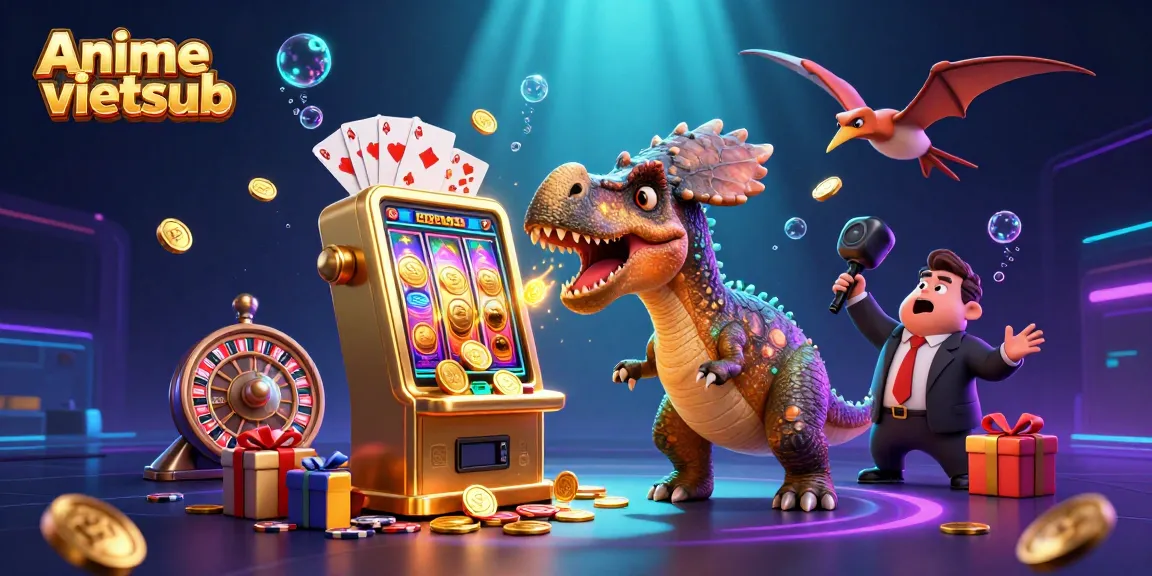 Gamblers experience excitement as Anime vietsub showcases a pachycephalosaurus hitting a jackpot on a golden slot machine.
