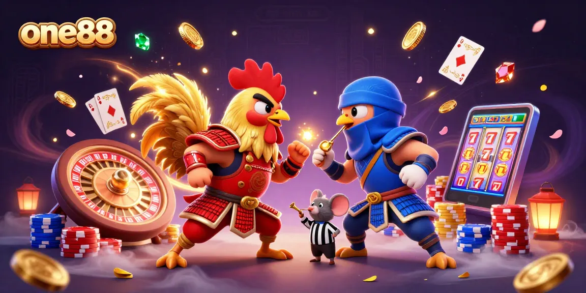Experience thrilling action with one88 as cartoon roosters battle under casino lights.