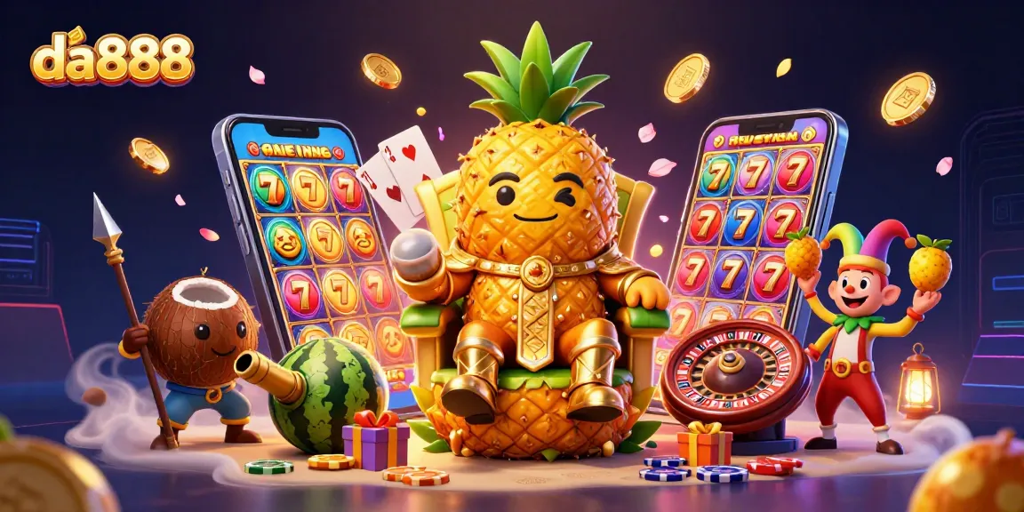 Engage with da888's vibrant casino scene featuring a pineapple king and dynamic game elements.