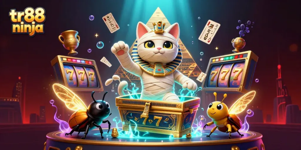 tr88 ninja mummy cat bursts from a golden sarcophagus in a vibrant casino scene with slot reels