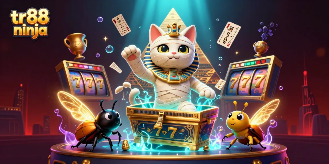 tr88 ninja mummy cat bursts from a golden sarcophagus in a vibrant casino scene with slot reels