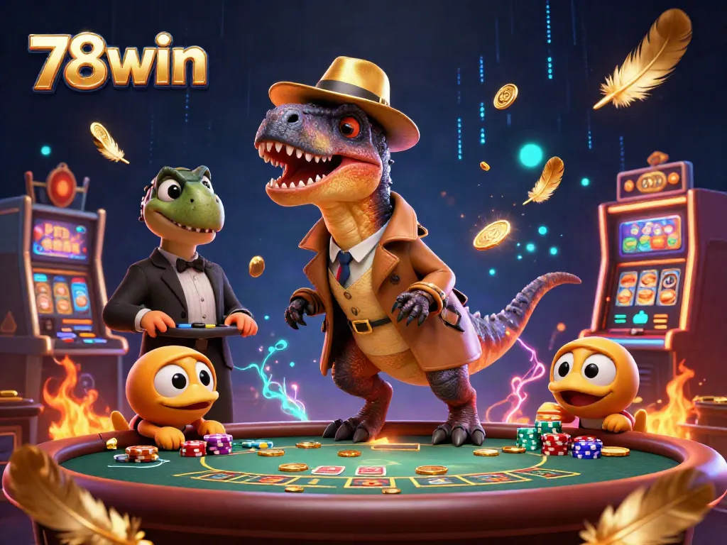 Experience excitement with 78win at a blackjack table featuring animated dinosaurs in a vibrant casino