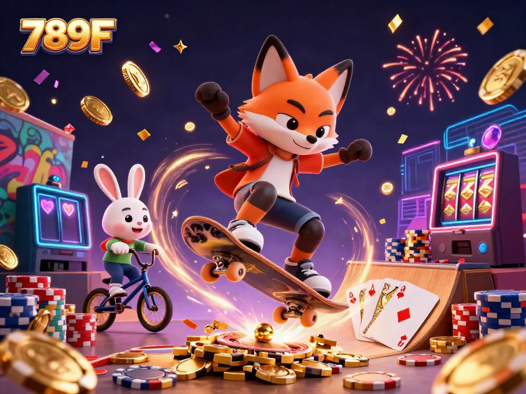 Experience the excitement of 789F with fox and rabbit characters showcasing casino fun in a vibrant setting.