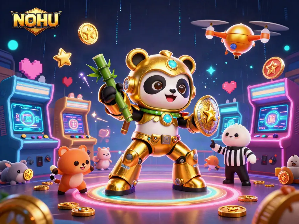 Engage in thrilling games at NOHU, featuring a dynamic, colorful casino-themed illustration.