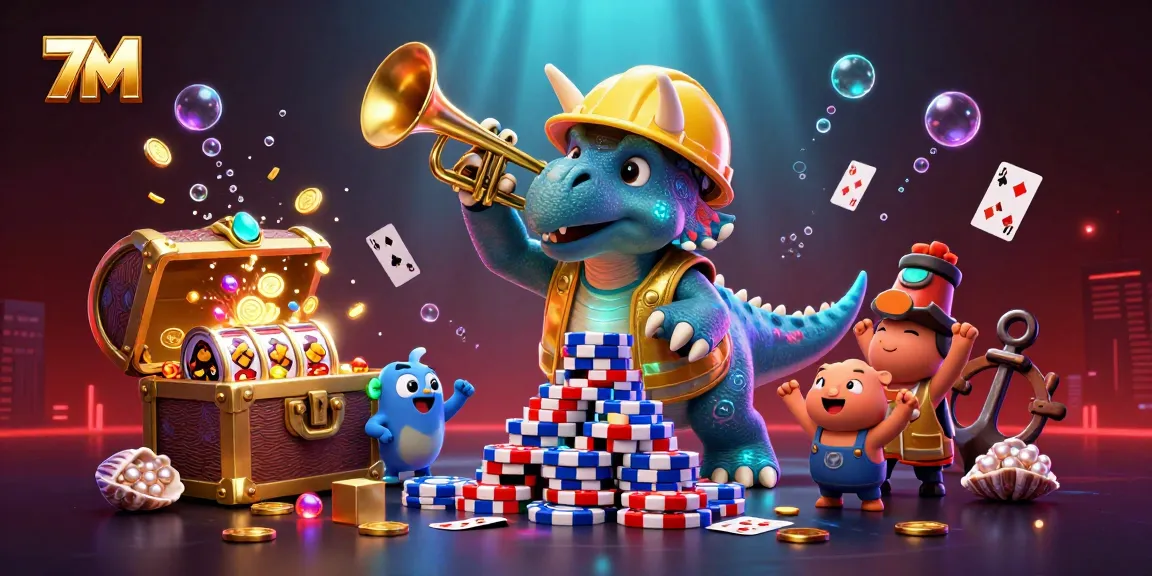 Experience the thrilling action of 7M as a triceratops builds a poker chip pyramid amidst vibrant casino elements.