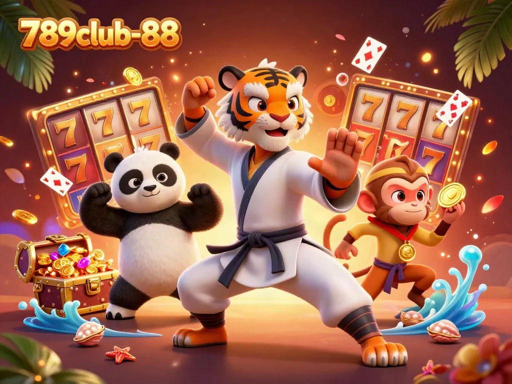 Engage with 789club-88 in a vibrant 3D casino scene, showcasing thrilling slot machines and playful characters.