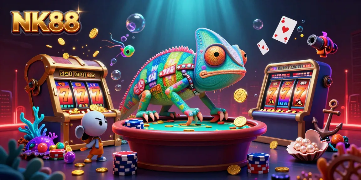 Play slots and enjoy vibrant gaming with NK88's colorful chameleon casino owner illustration.