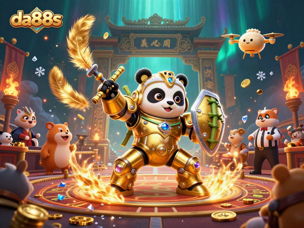 Engage in thrilling action at da88s with a golden panda battling in an animated casino arena.