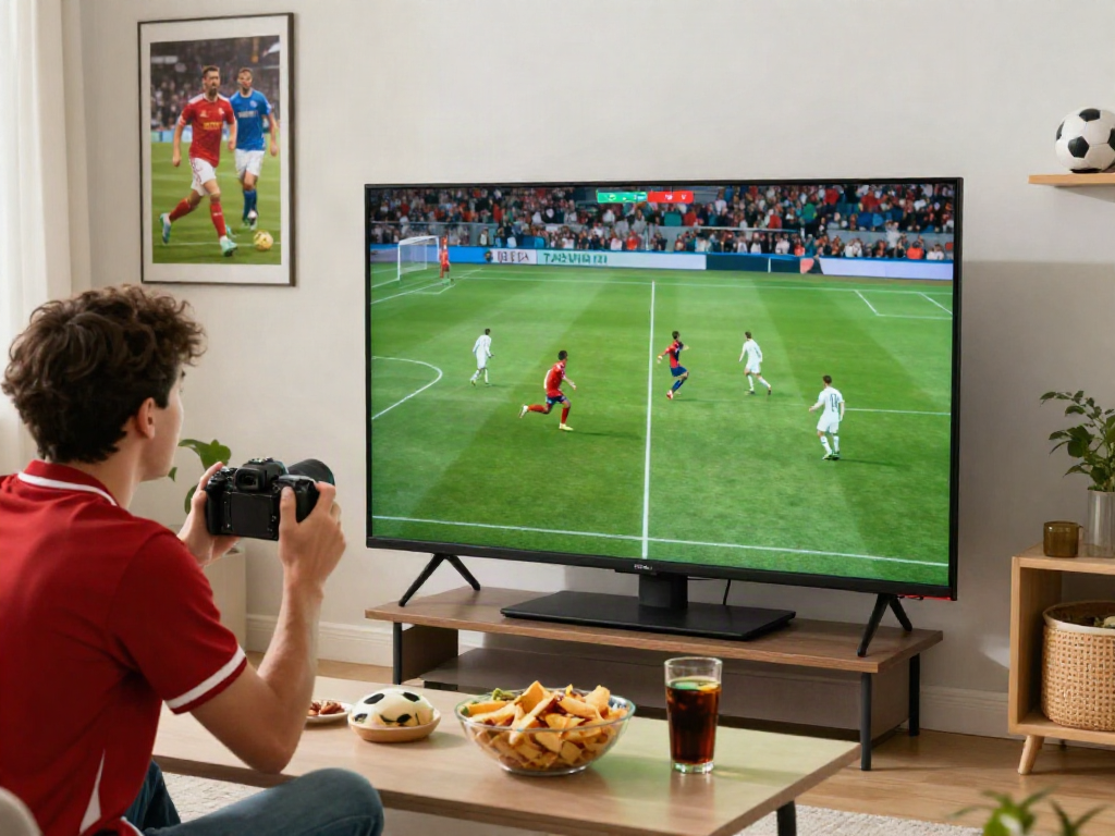 Football fan enjoying a live match on socolive8.media in a vibrant home setup.