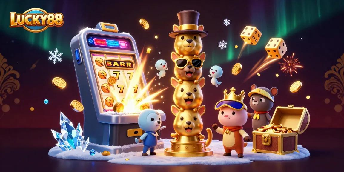 Win big at LUCKY88 with vibrant 3D casino illustration bursting with excitement and game elements.