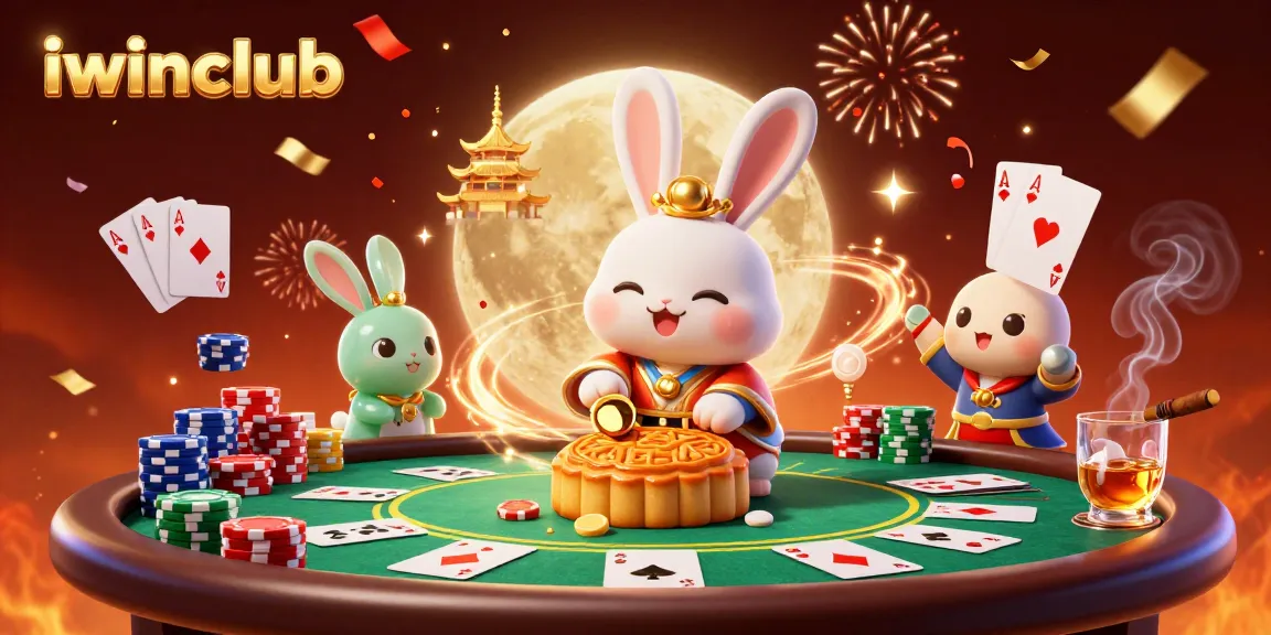Win big at iwinclub with a whimsical 3D casino scene featuring poker chips, rabbits, and golden mooncakes.