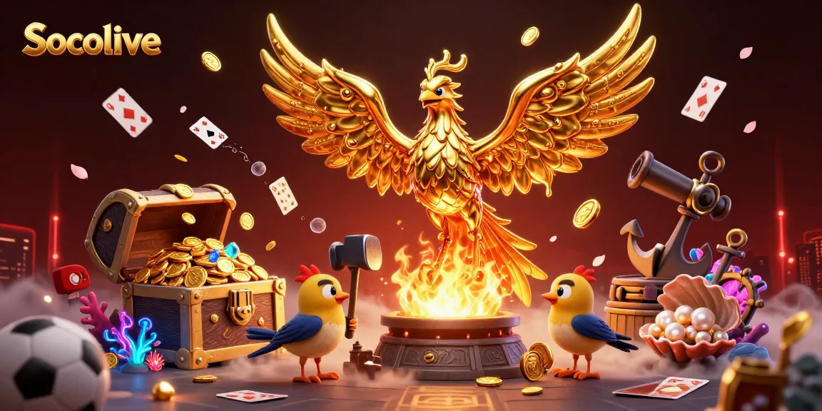 Socolive engages sports bettors with vibrant 3D illustration of a golden phoenix surrounded by sports elements.