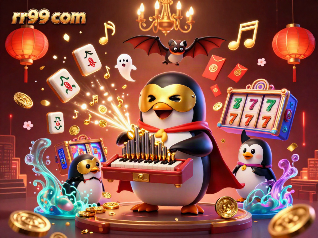Engage thrillingly with rr99 com through a lively scene featuring a penguin playing a golden organ amidst rich casino elements.