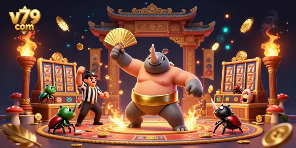 Experience thrilling gameplay at v79 com with a vibrant 3D casino scene featuring beetle characters.