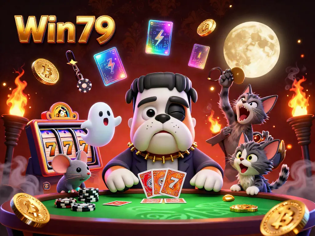 Win79 elevates the gaming experience with a dynamic scene featuring vibrant characters, slot reels, and crypto elements.
