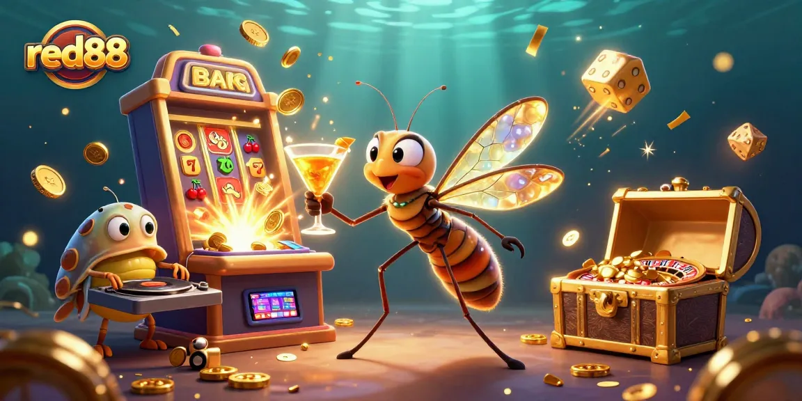 Experience thrilling moments at red88 with an animated casino scene featuring a lively mascot, explosive jackpots, and vibrant elements.