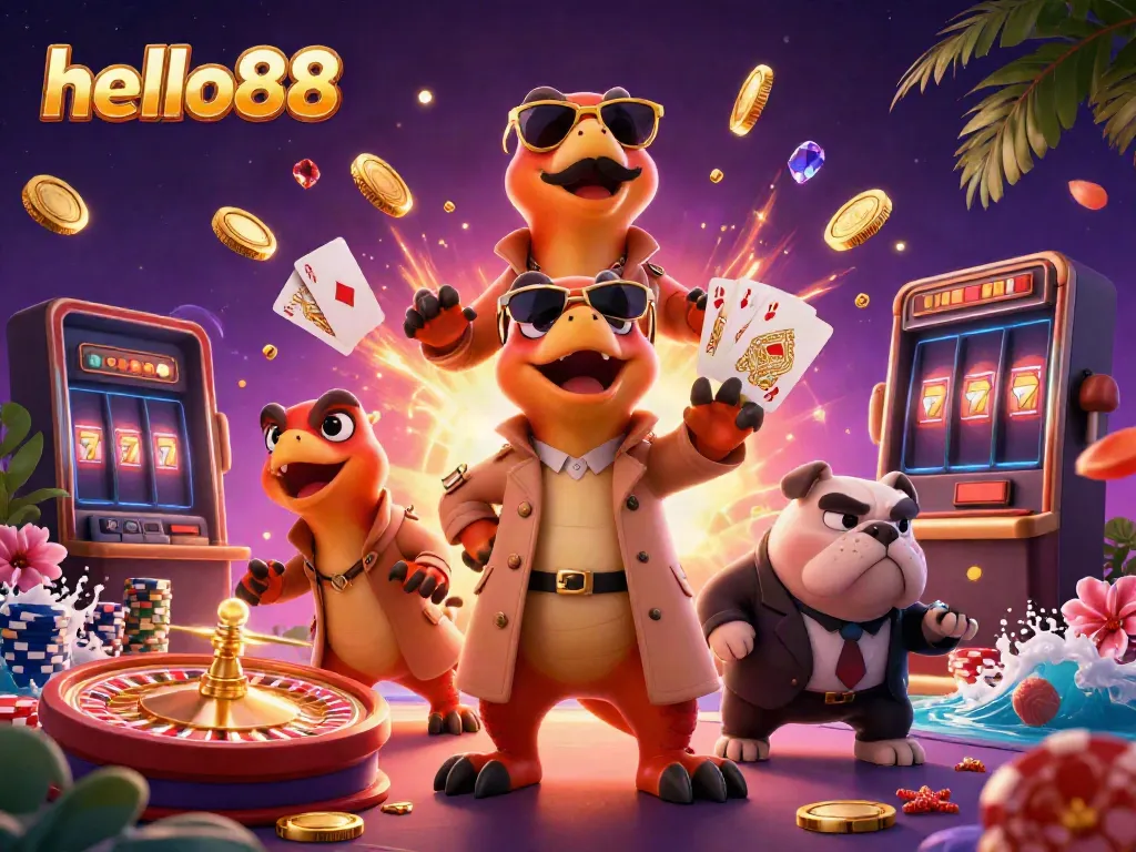 Experience excitement at hello88 with colorful gaming elements and amusing characters in a vibrant VIP casino.