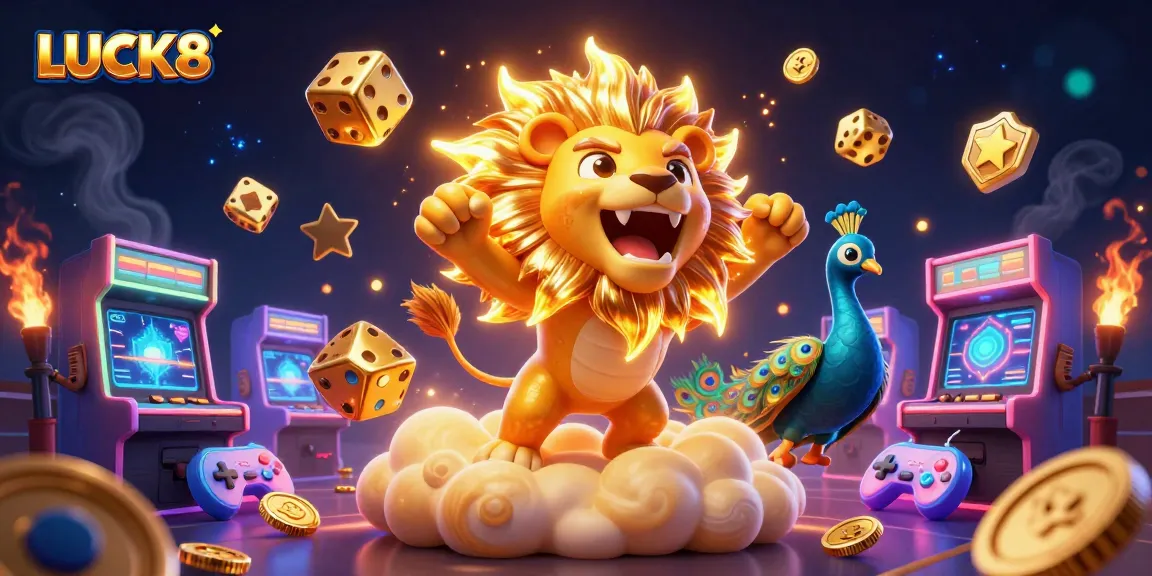 Experience the excitement of LUCK8 casino through a vibrant 3D illustration, showcasing dynamic characters and game elements.