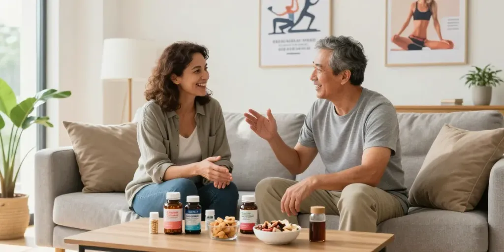 vxperten.com: Ett par diskuterar ökad sexuell hälsa med hjälp av naturliga potensmedel i en modern och bekväm miljö.
