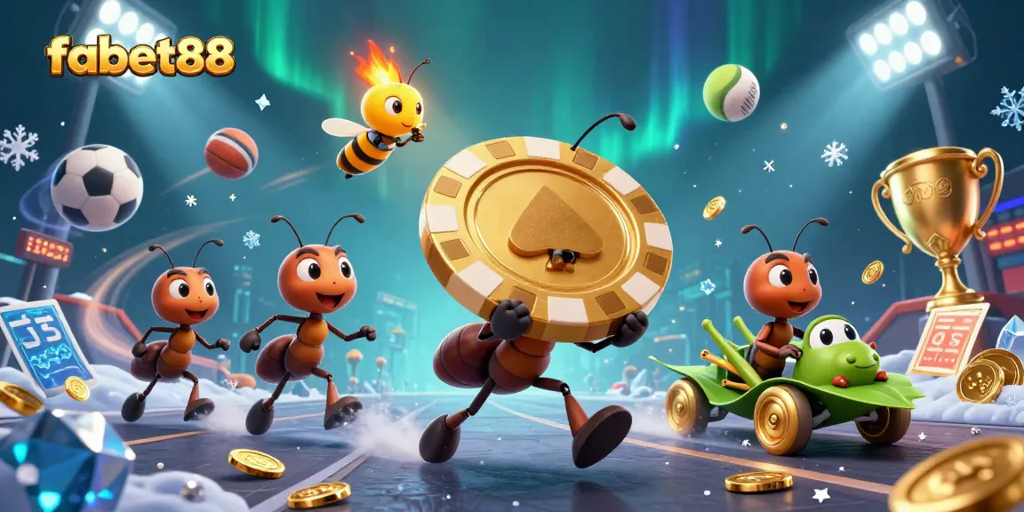 Join the fabet88 adventure as animated ants carry a giant poker chip in a vibrant casino heist.