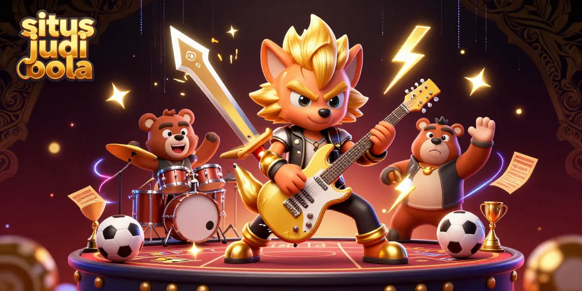 Situs judi bola menampilkan ilustrasi 3D menonjol dengan rocker serigala dan drummer beruang, menghantarkan aksi taruhan saat pertandingan.