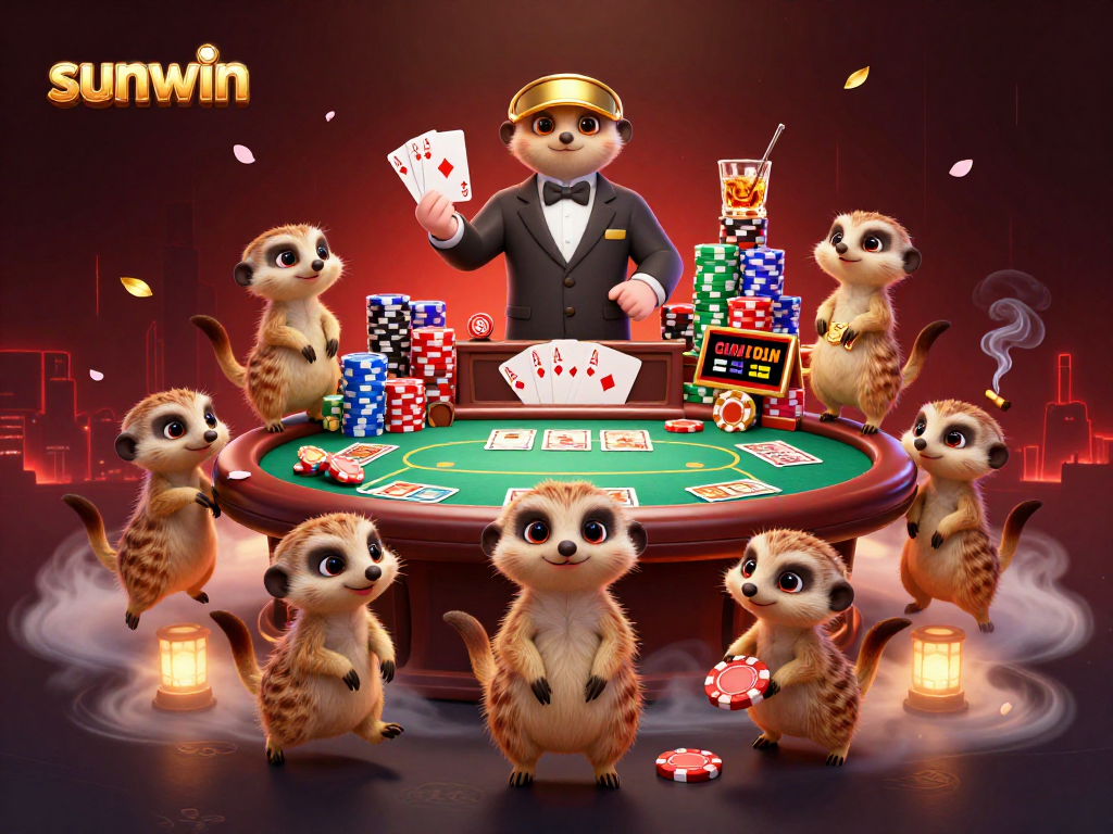 Engage with sunwin's exciting 3D meerkat casino scene featuring high-stakes poker action.