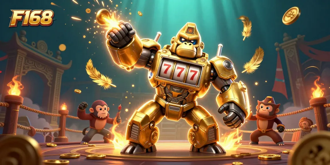 Experience the thrill of F168's exciting gaming adventure with a 3D golden gorilla mech and dynamic action elements.