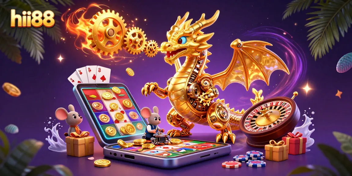 Engage in thrilling gaming adventures with hii88 through captivating illustrations of a golden dragon and exciting casino elements.