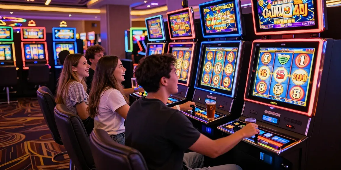 Players celebrating a win at a lively slot gacor machine in a vibrant casino.