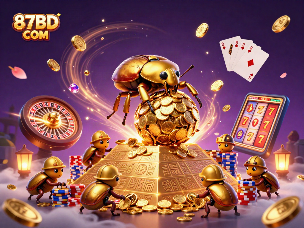 Experience exciting gameplay at 87BD COM with stacked poker chips and golden coins cascading down.
