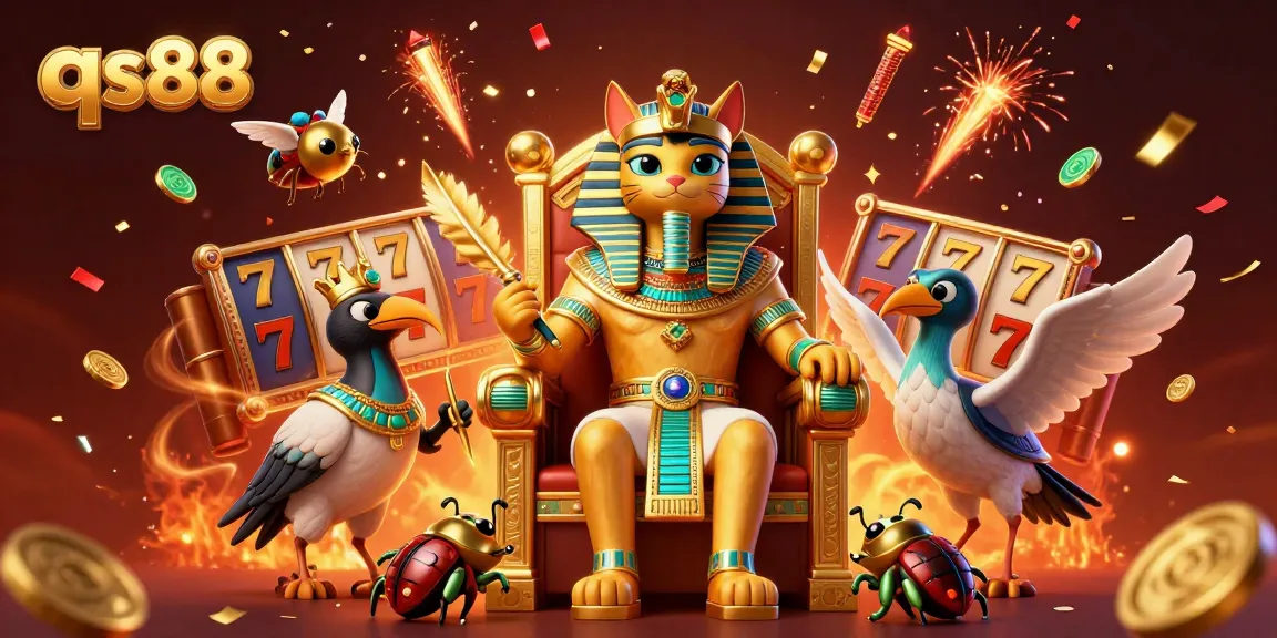 Experience thrilling adventures with qs88's Egyptian-themed casino games featuring a pharaoh cat and treasures.