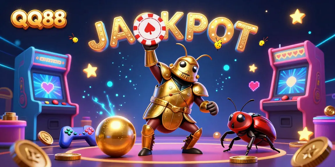 Engage with QQ88's vibrant gaming world featuring heroic beetles in a jackpot-themed casino illustration.