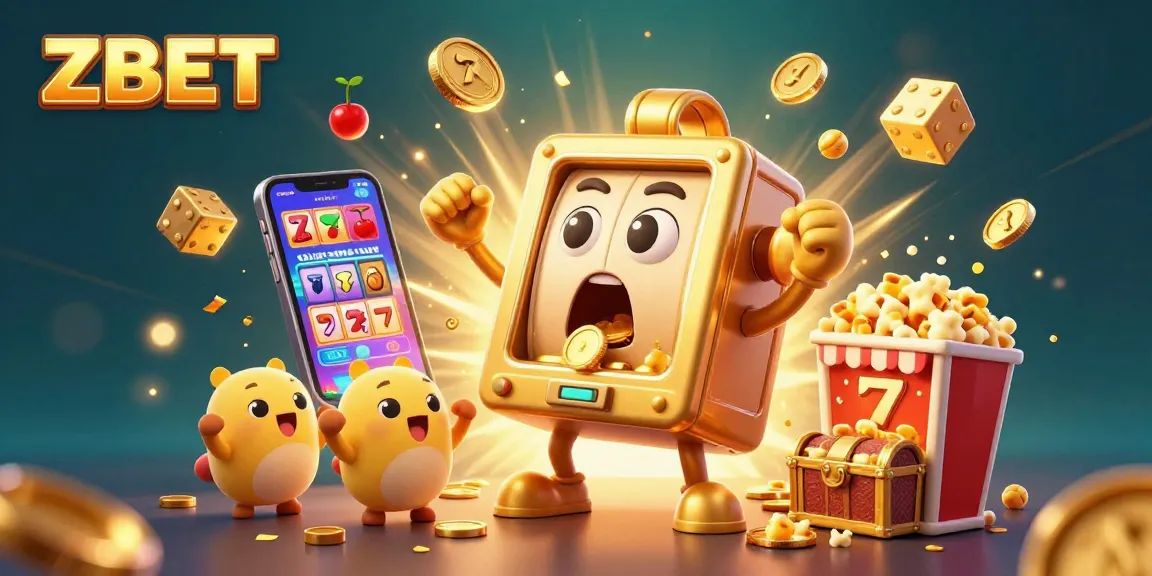 ZBET slot machine character celebrating a jackpot win, overflowing with coins and cheerful elements.