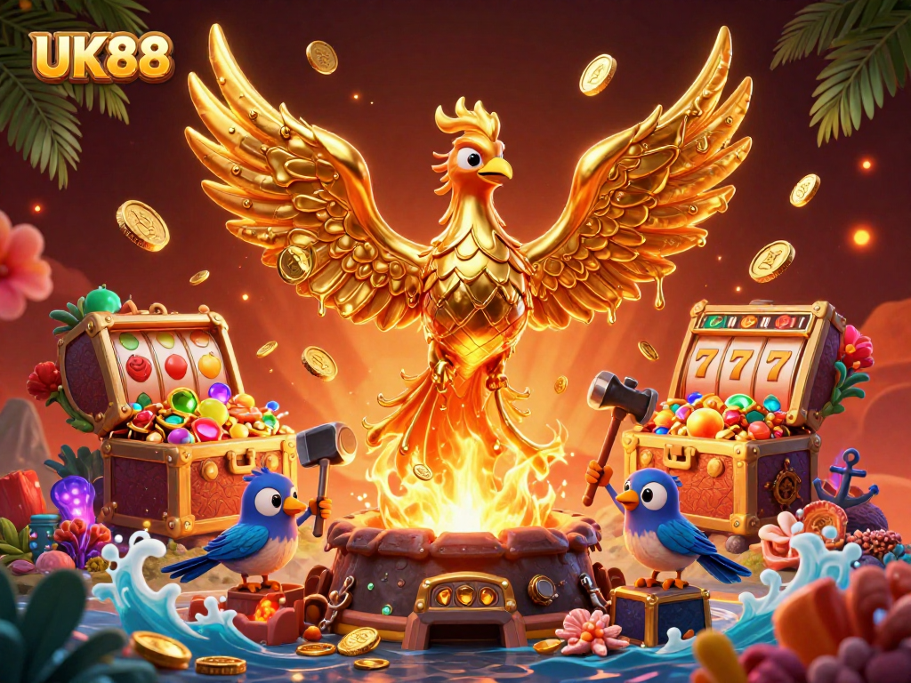 Experience thrilling moments at UK88 with a golden phoenix and vibrant casino elements!