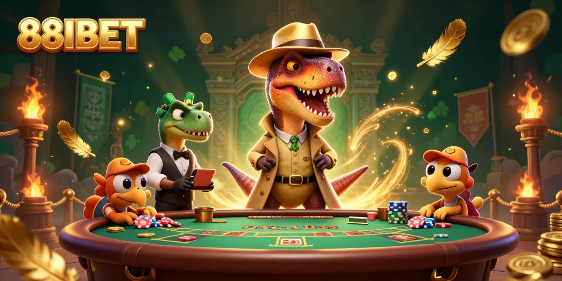 Experience thrilling gameplay at 88IBET with a dynamic illustration featuring a cartoon velociraptor at a blackjack table.